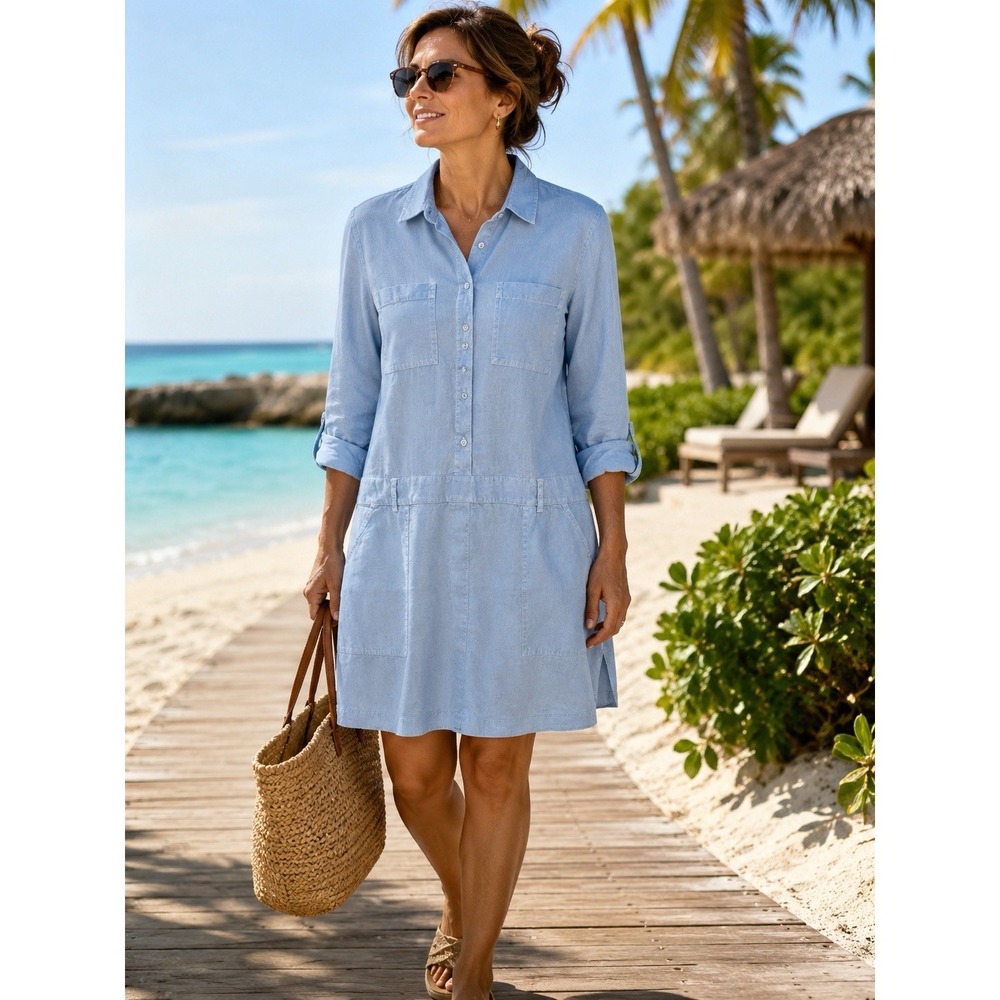 New Michael Stars 100% Linen Shirt Dress Women's size S Blue Pockets Utility